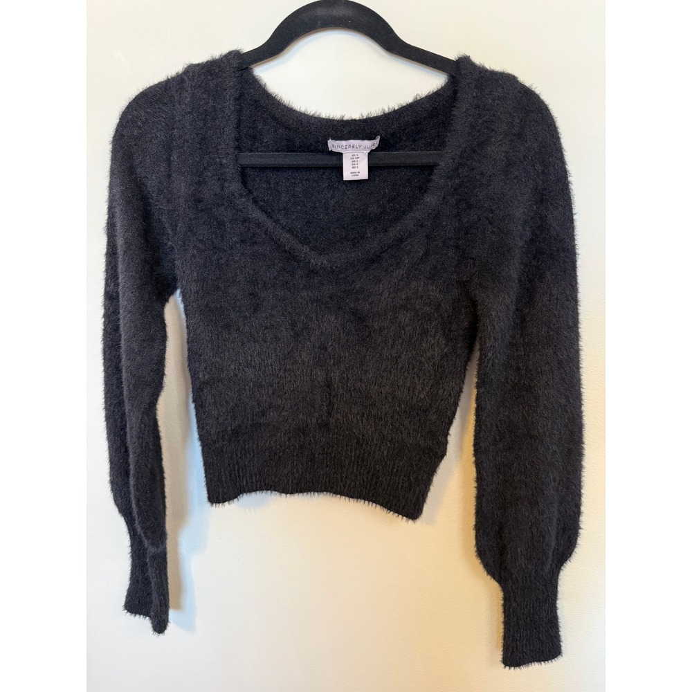 Sincerely Jules Sweater Women Small Black Excellent Fuzzy Puff Sleeve Cropped
